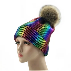 New Winter Metallic Pink Ball Beanie Hat For Women Fluffy Double Faux Fur Pom Pom Knitted Skullies Beanie With Pompom Ski