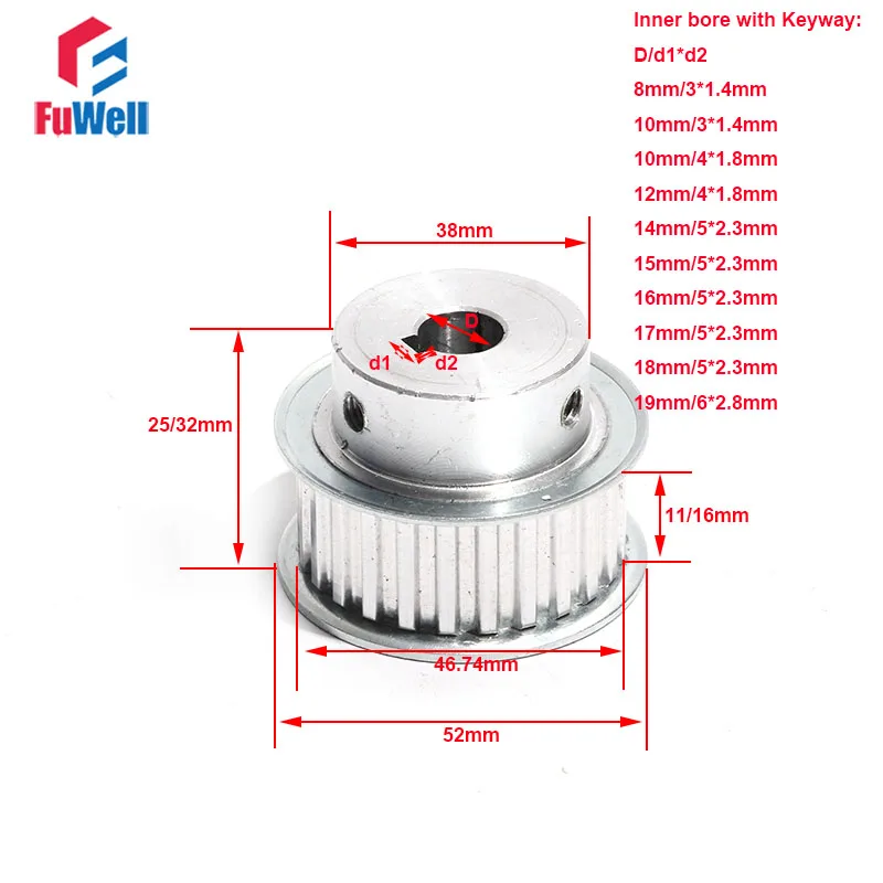 T5-30T Timing Pulley With Keyway Gear Belt Pulley 11mm/16mm Belt Width 8/10/12/14/15/16/19mm Bore T5 30Teeth Transmission Pulley