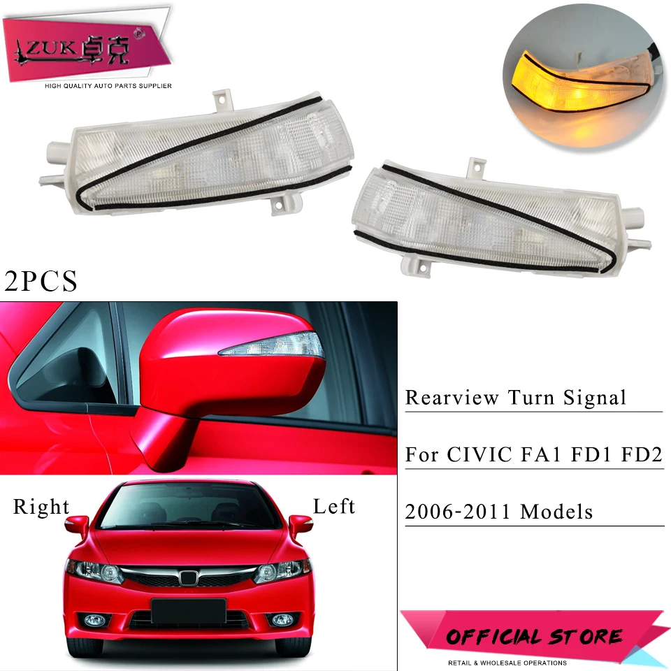 

ZUK 2PCS Outer Rearview Mirror LED Turn Signal Flasher Light For HONDA CIVIC FA1 FD1 FD2 2006-2011 34350-SNB-013 34300-SNB-013