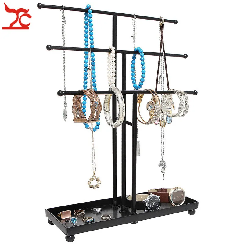 Fashion Earring Jewelry Display Rack Tray Metal Stud Necklace Bracelet Organizer Ornament T Bar Hanger Showcase Holder Stand