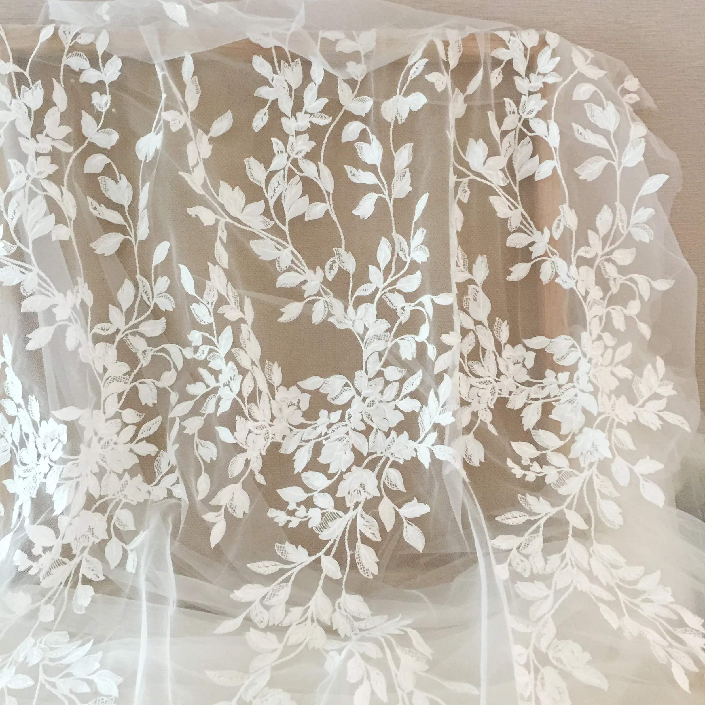 1 Yard 3D Ivory Laser Cut Flower Blossom Embroidery Lace Fabric by Yard for Wedding Gown Prom Dress Bridal Veils