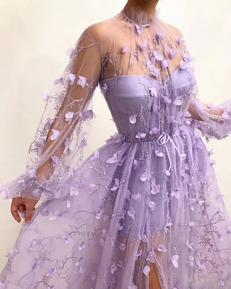 3D Floral Lace Applique Prom Dresses New Arrival Light Purple Long Sleeves Tulle Side Split Party Gowns High Neck