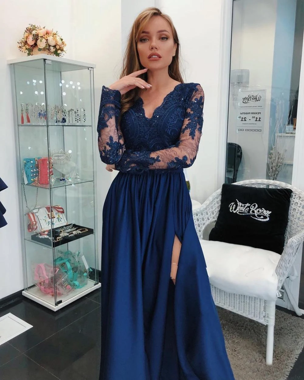 

Evening Dress A Line V-Neck Long Sleeve NONE Train Beaded Formal Dresses Floor-Length Prom Party Gown Applique Chiffon Custom
