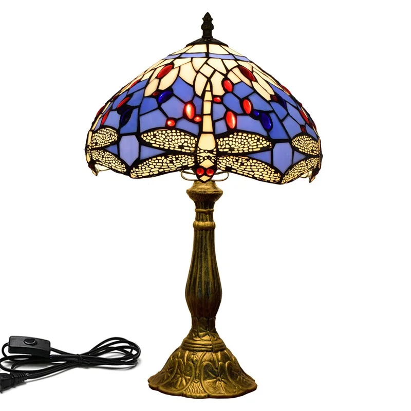 style stained glass table lamp 12 inch Shade Blue/Green Dragonfly design table Reading lamp