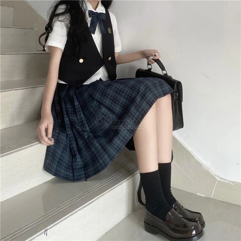 Black Rock Weste Anzug Weibliche Algen Ärmellose Tops JK Uniform Rock Echte Japanische Hochschule Hohe Taille Plaid Gefaltete Rock