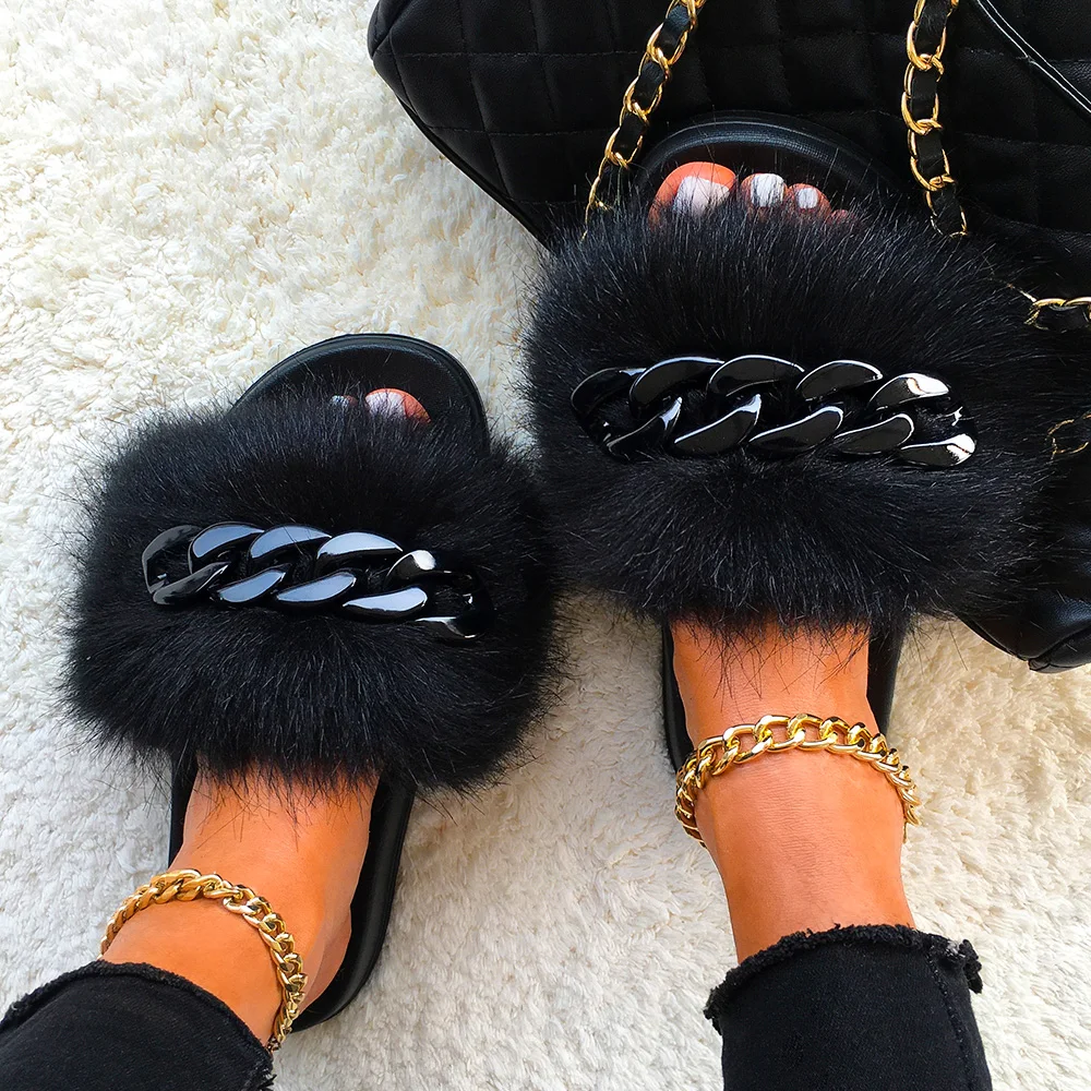 Faux Furry Fur Slippers Cute Female Fur slides Fluffy Flip Flops Designer Shiny Chain Fashion Shoes Home Beach Slippers Women