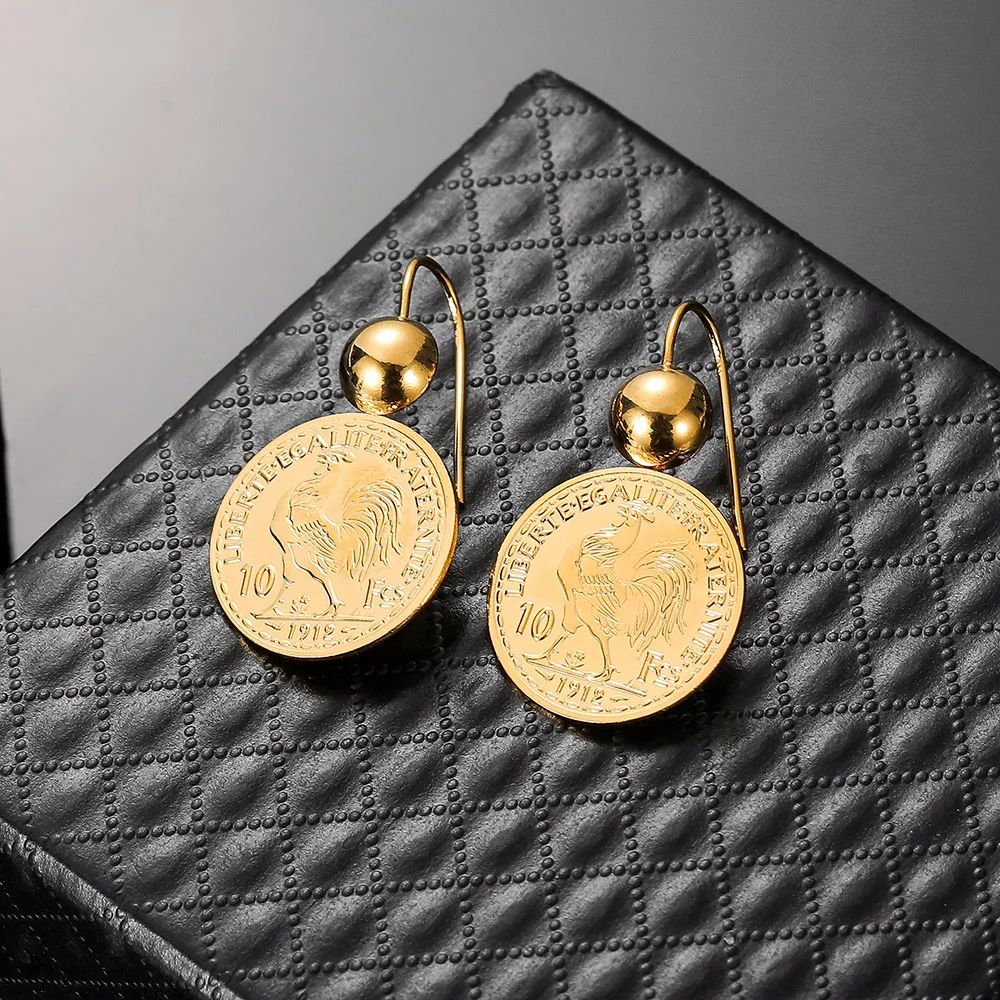 Vintage Engraved Coin Drop Dangle Earrings for Women 10 Franc Coin Round Pendant Earring Pendientes Drop Shipping