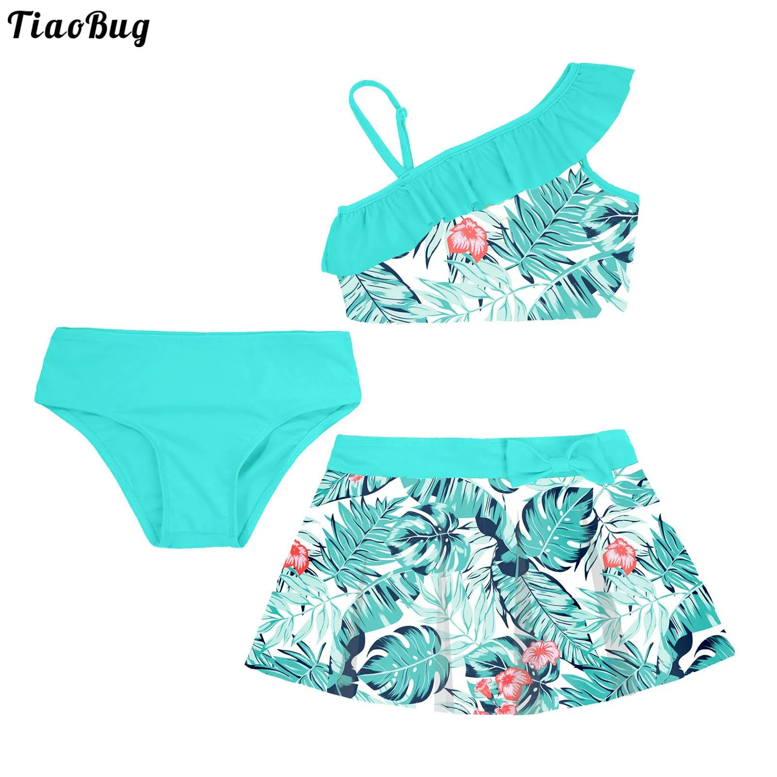 

TiaoBug Summer 3Pcs Kids Girls Swimwear Asymmetrical Shoulder Strap Ruffle Trim Crop Tops With Skirt And Briefs Beach Swimsuit