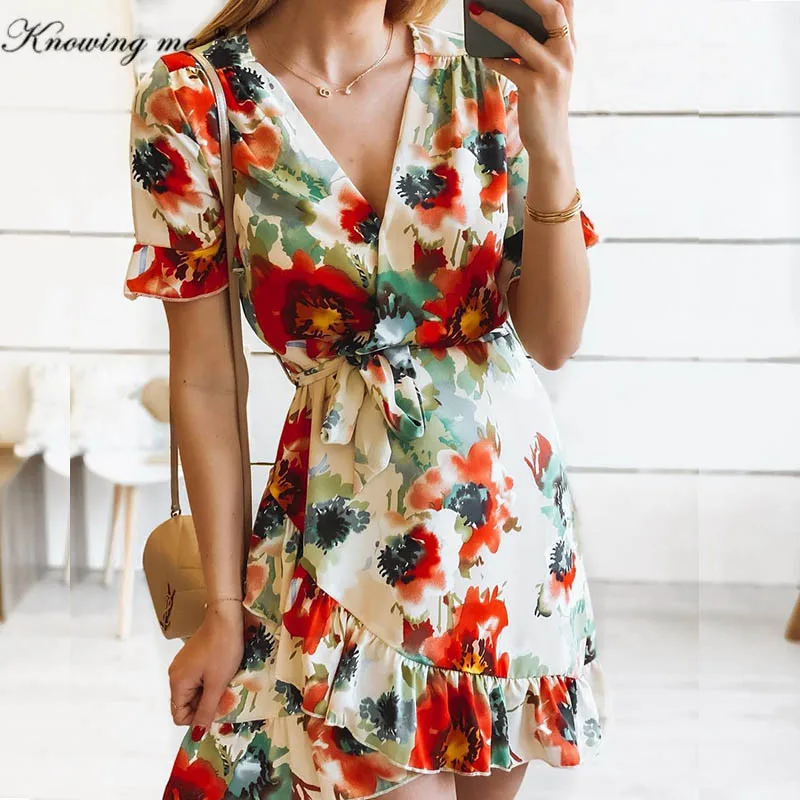 

Summer Ruffles Flower Print Dress Women Sexy V Neck Three Quarter Sleeve Split beach Dress Female Elegant A Line Party Vestidos