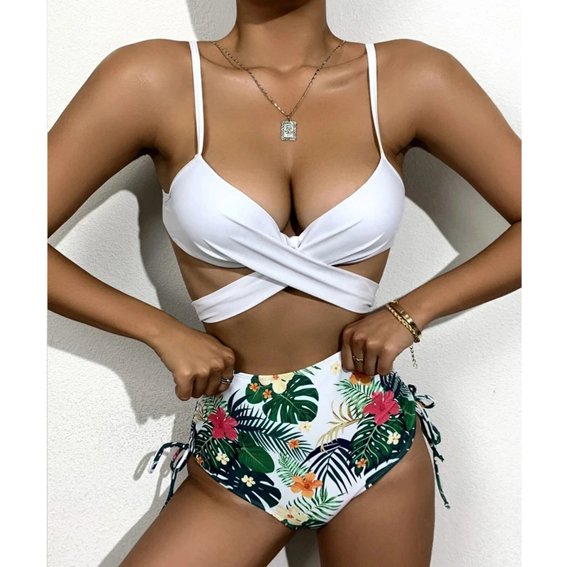 Sexy Frauen Floral Druck Drei Stück Bikini Mode Halter Hoher Taille Cover Up Bademode Set Sommer Bandage Backless Beachwear