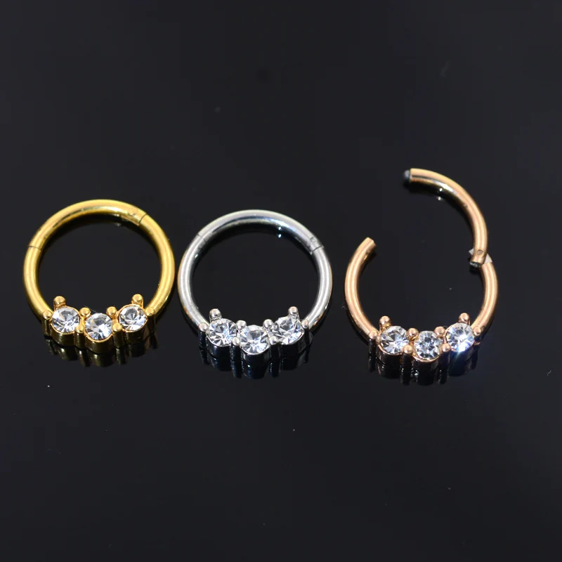 1Pc Three CZ Seamless Ring Hoop 16G CZ Gems Seamless Hinged Segment Ring Clicker Cartilage Nose/Lip/Ear Hoop Septum 16G