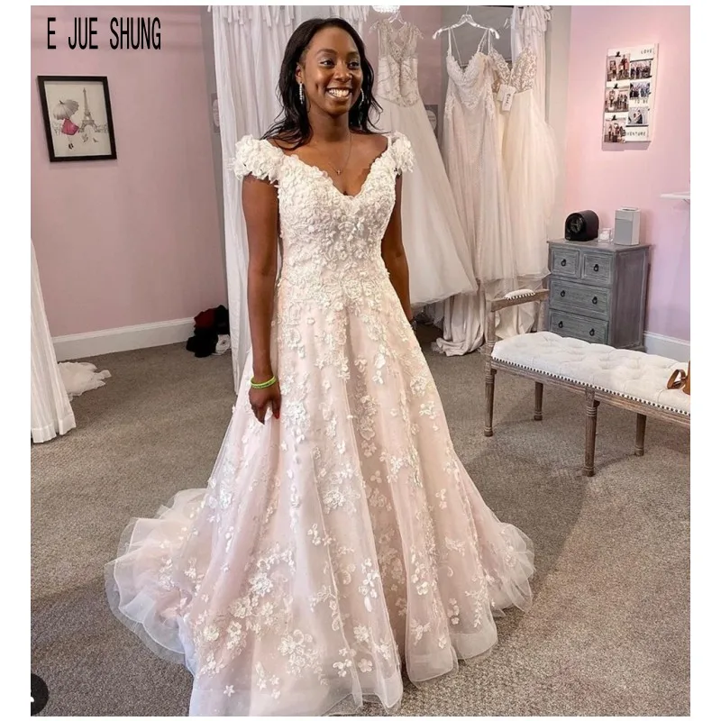 E JUE SHUNG – robe de mariée africaine romantique, col en V, dos lacé, avec des Appliques en dentelle, ligne A