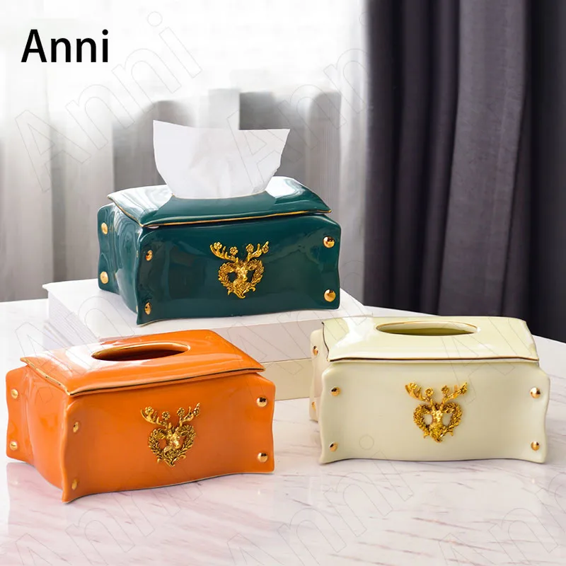 Relief Golden Deer Ceramic Tissue Boxes Nordic Modern Hand Painted Gold Desktop Paper Towel Storage Box Living Room Decoration