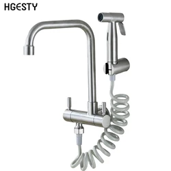 Wall Mount Kitchen Faucet Stainless Steel Cold Water Tap Quick Open Balcony Laundry Pool Faucet With Bidet Sprayer Shower Nozzle