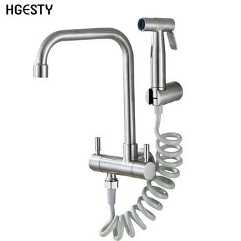 Rubinetto da cucina per montaggio a parete Rubinetto per acqua fredda in acciaio inossidabile Rubinetto per piscina lavanderia per balcone ad apertura rapida con ugello per doccia spruzzatore per bidet