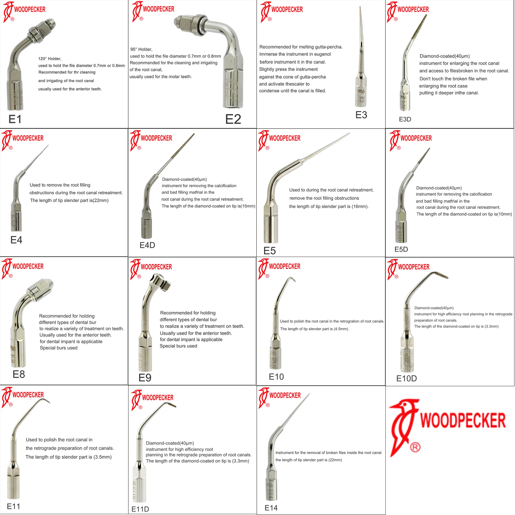 Woodpecker Original Dental Ultrasonic Scaler Tips Endodontics Root Canal E1 E2 E3 E3D E4 E4D E5 E5D E8 E9 E10 E10D E11 E11D E14