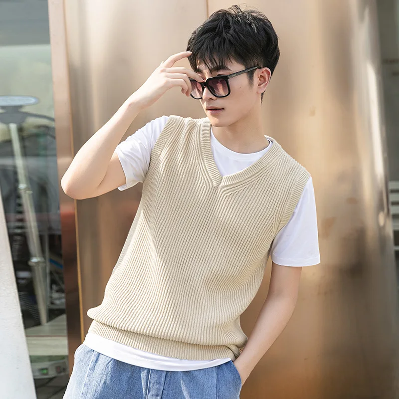 Dl0049 Men's Pullover Sleeveless Sweater Vest Korean Style Streetwear All-Match Casual Fit Solid Color V-Neck Waistcoat Knitwear