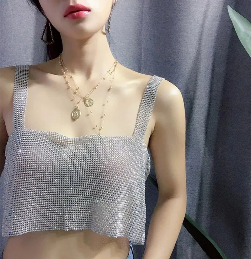 H80&S90 New Shiny Diamond Beading Backless Mesh Basic Shirt Women Temperament Slim Crystal Round Beck Pullover Sexy Party Tops