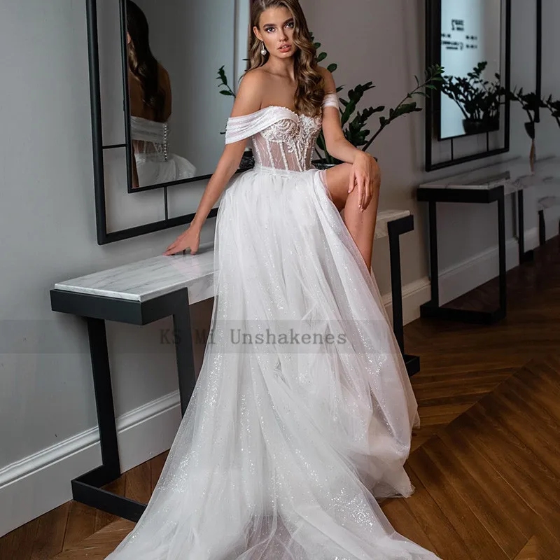 Sexy Strand Trouwjurken 2021 Kant Kralen Bruid Jurk Off Shoulder Glitter Tulle Split Side Bruidsjurken Boho Lange Trein boda