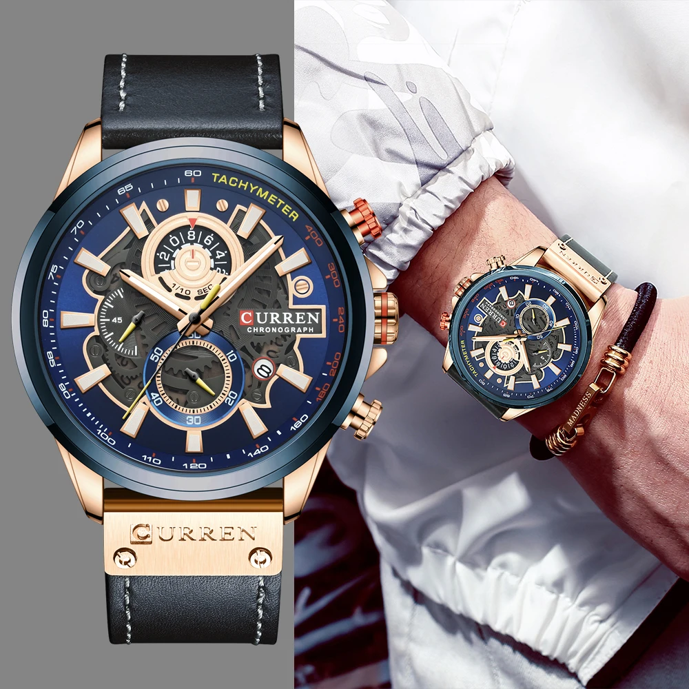 Imagem -02 - Curren Relógios Masculinos de Marca de Luxo Casual Pulseira de Couro Esporte Quartzo Relógio de Pulso Cronógrafo Masculino Design Criativo Dial