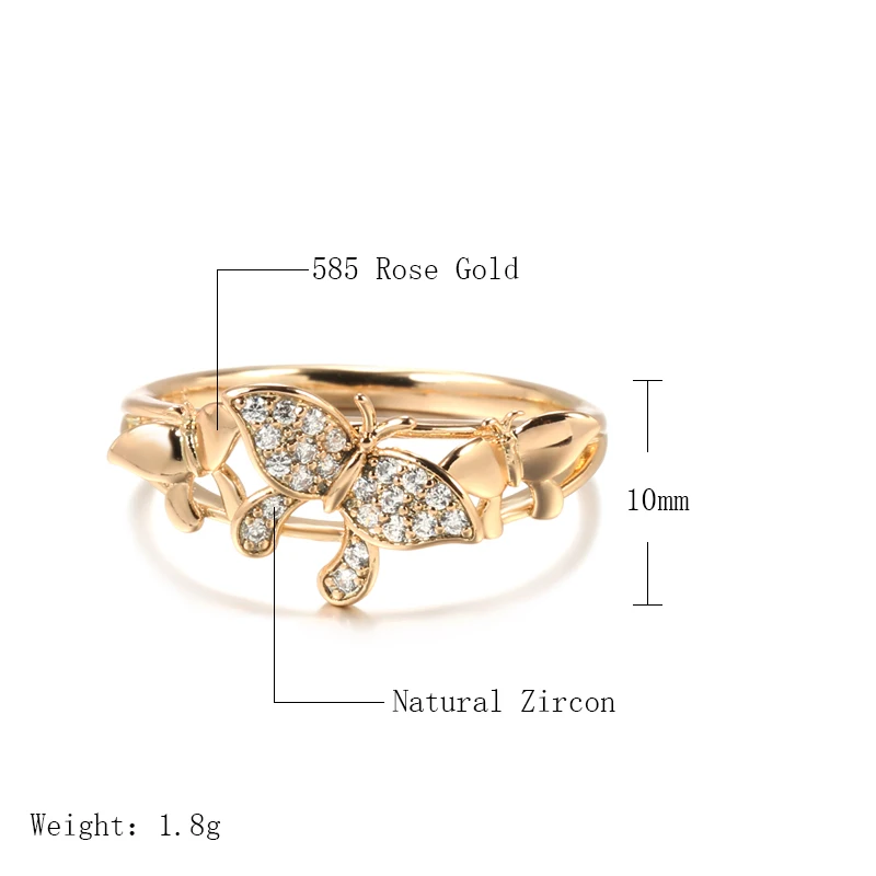 Kinel Hot 585 Rose Gold Color Butterfly Rings for Women Micro Wax Inlay Natural Zircon Ring Fashion Daily Fine Jewelry 2022 New