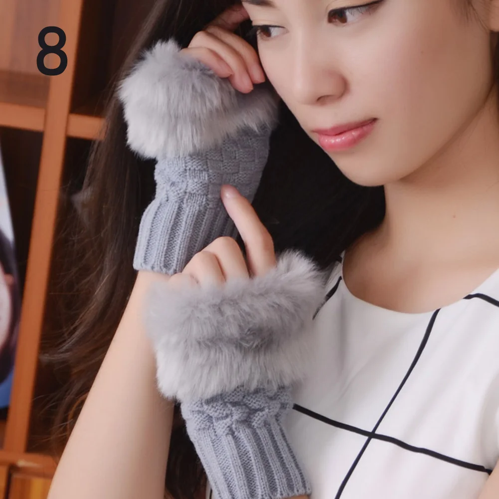 New Winter Solid Color Faux Rabbit Fur Mitten Arm Warmers Sleeve Cover Fingerless Wrist Gloves Knitted Fashion Soft Women Gloves