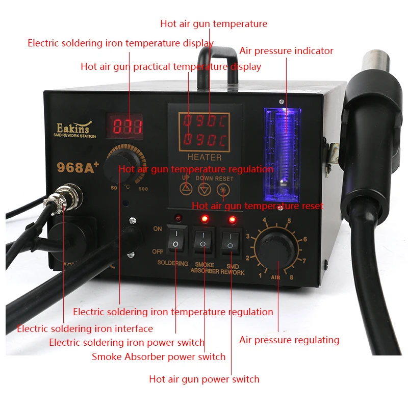 968A + 3 In1 stazione di saldatura a regolazione LCD pistola ad aria calda tavolo di saldatura strumento di fumo stazione di rilavorazione SMT strumento di manutenzione
