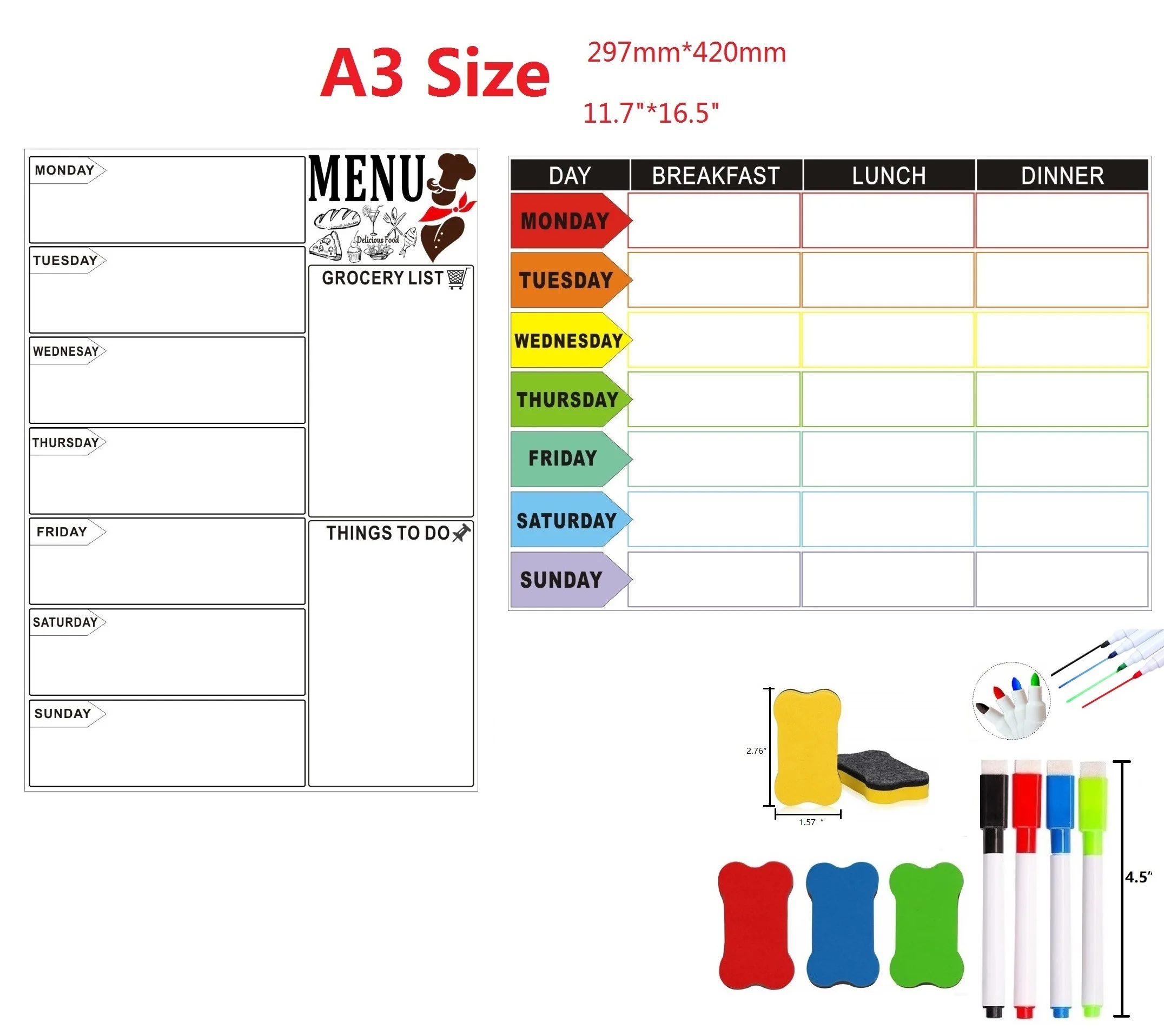 A3 Dry-Erase Magnetic Whiteboard for Refrigerator Weekly Menu Planner Grocery List Meal Board for Fridge magnets Kitchen Notepad