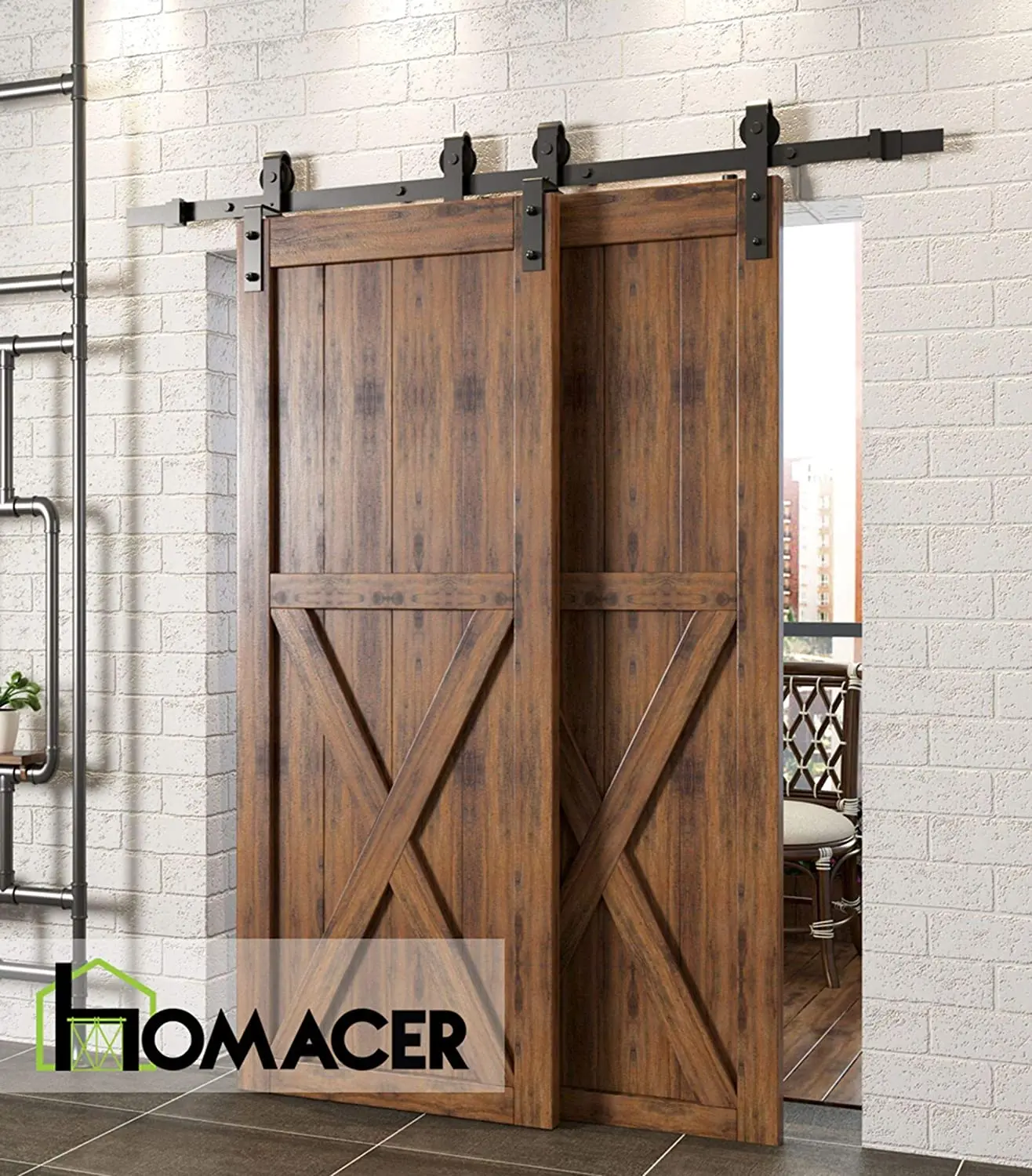 6/6.6FT Bypass Sliding Barn Door Hardware Kit Rustic Single Track for Double Doors with Classic Design Rollers