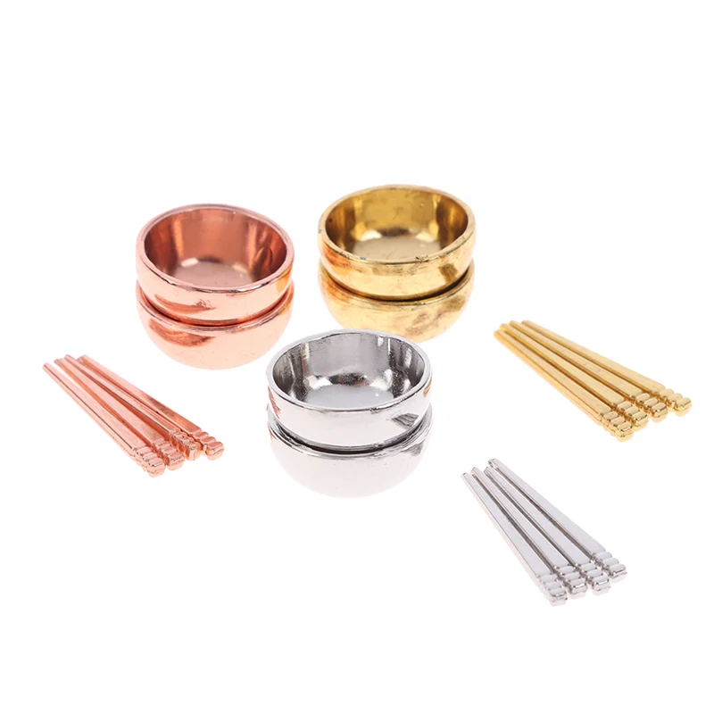 1 Set Dollhouse Miniature Accessories Mini Metal Bowl Chopsticks Set Simulation Kitchen Tableware Model Toys