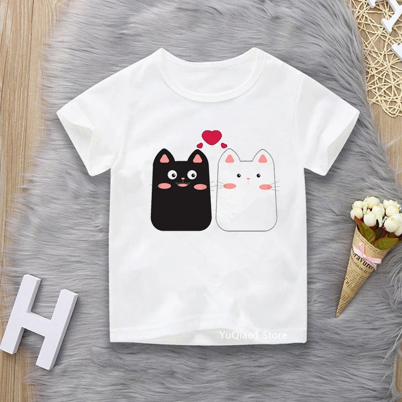 Children's Clothes Simple Black Cat Print Funny Kids Tshirt Summer Boys Girls T-Shirts Teen Youth Casual White Short Sleeve Tops