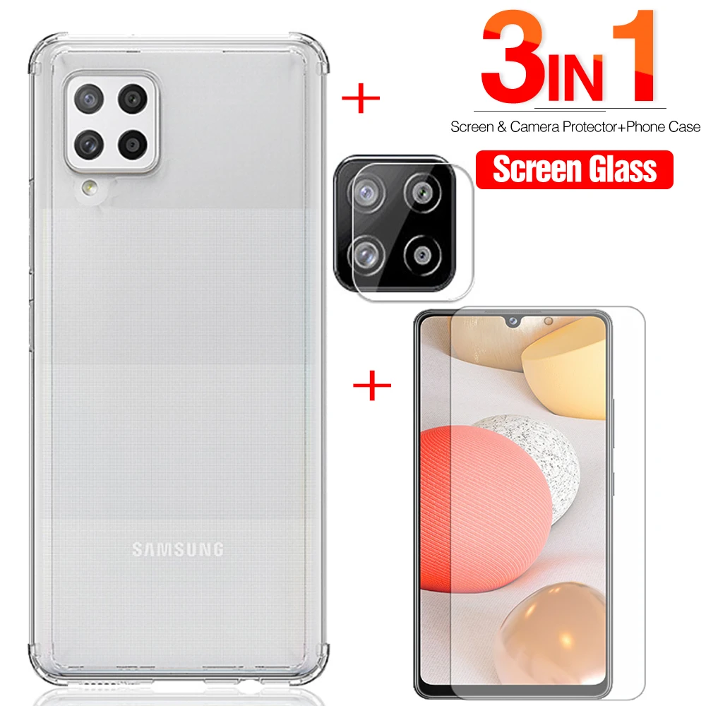 3in1 Transparent TPU Silicone Case For samsung galaxy 42 5g 2020 Tempered Glass on for samsung a42 a 42 Camera Protection Film