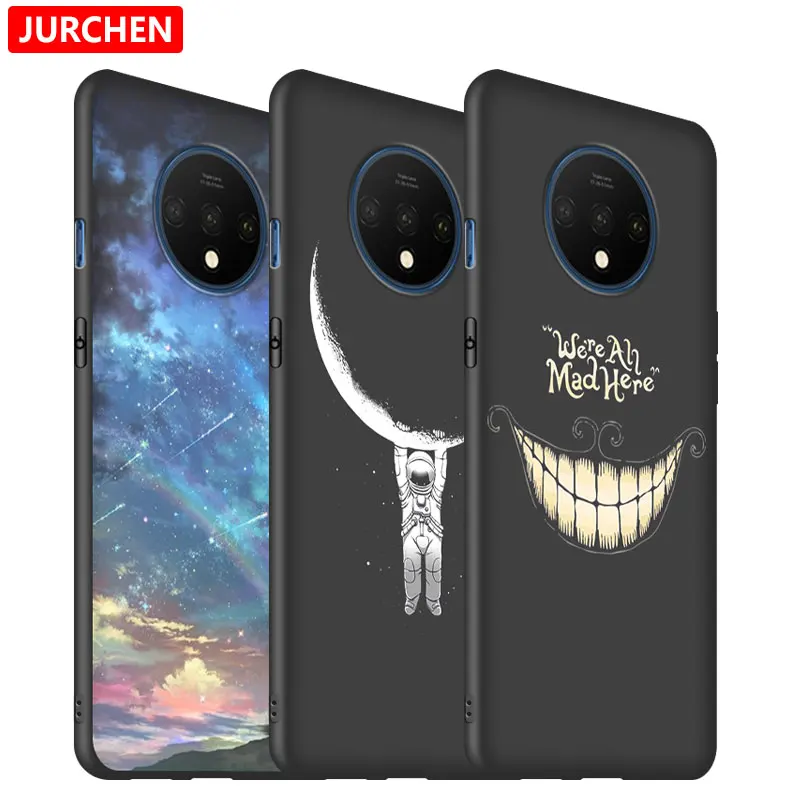 JURCHEN Cases For One plus 7T Cover For Oneplus 7 T Case Matte Cartoon Black Print Silicone Back Bags For Coque Oneplus 7T Case