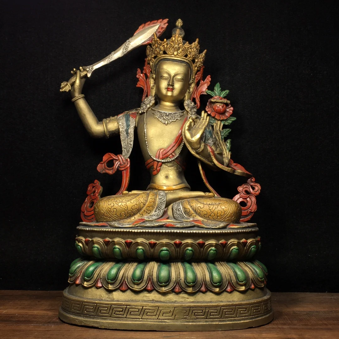 

15"Tibetan Temple Collection Old Bronze Painted Manjushri Bodhisattva Lotus Plantation Sitting Buddha Worship Hall Town house