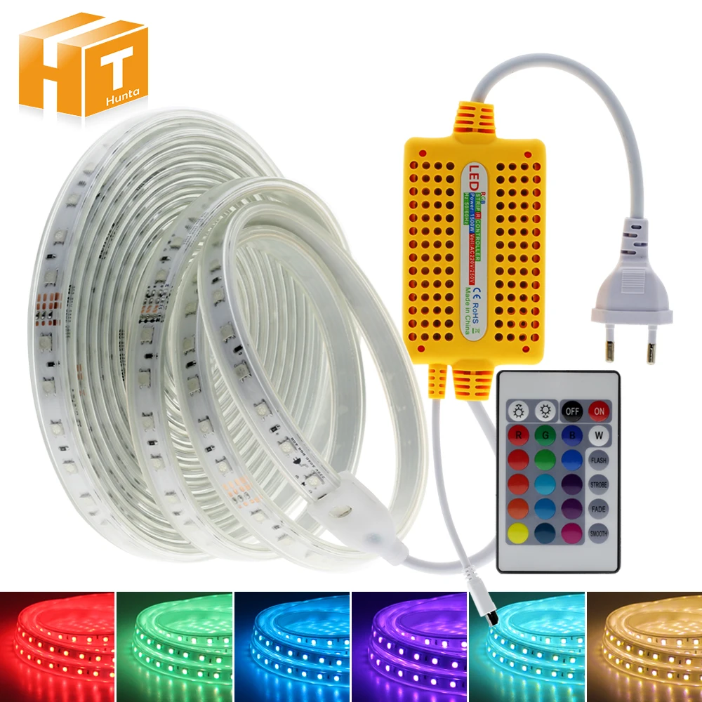 220V RGB LED Strip SMD5050 with IR Remote Controller IP67 Waterproof Outdoor Use Flexible LED Light Strip RGB 1m - 15m Set