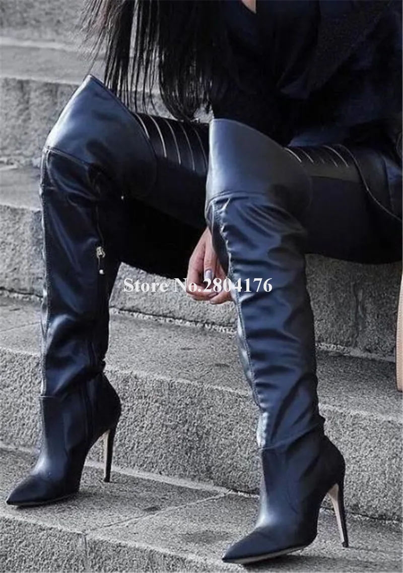 

Women Elegant Pointed Toe Over Knee Stiletto Heel Boots Black Leather Zipper-up Long High Heel Boots Club Dress Shoes