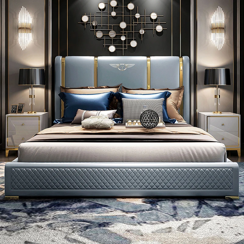 Genuine Leather entry lux bed frame modern Nordic camas ultimate bed кровать двуспальная lit beds سرير muebles de dormitorio ме