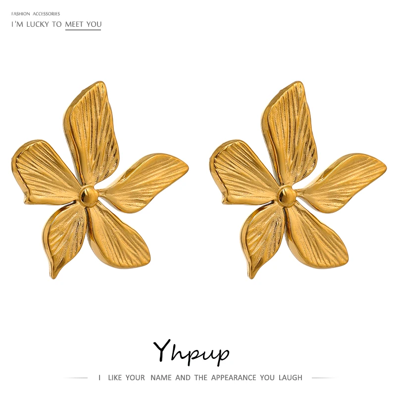 Yhpup Golden Flower Stud Earrings Stainless Steel Metal Jewelry Simple Texture New Floral Modern Women Gift Fashion Waterproof