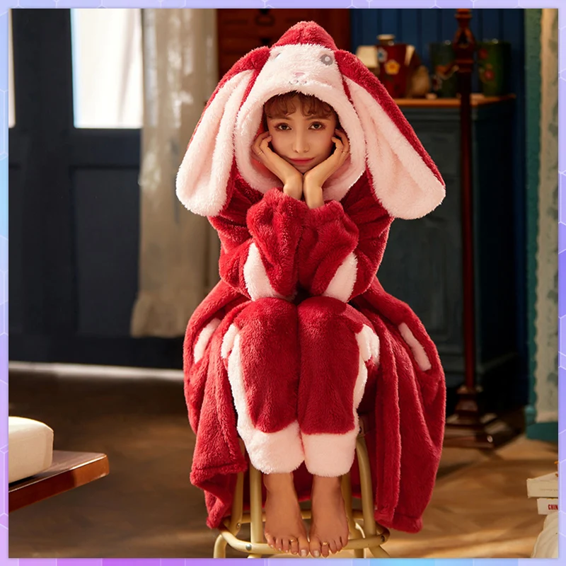 Cartoon Hooded Robes Women's Winter Nightgowns Thick Warm Bathrobe Female Coral Fleece Kimono Sleepwear Coats Dressing Gown 2XL