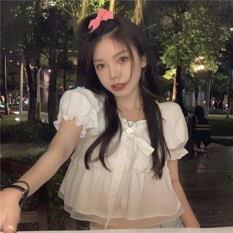 Women Blouse Short Sleeve Bow Elegant White Summer Tops Sweet All-match Simply Chic Female Clothing Solid Square Collar Leisure