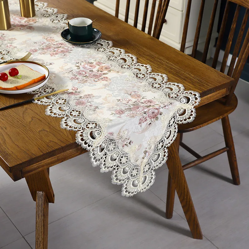 European Polyester Cloth Embroidered Lace Edged Table Runner LCD TV Cabinet Piano Cover Fabric Kitchen Dining Hall Tablecloth