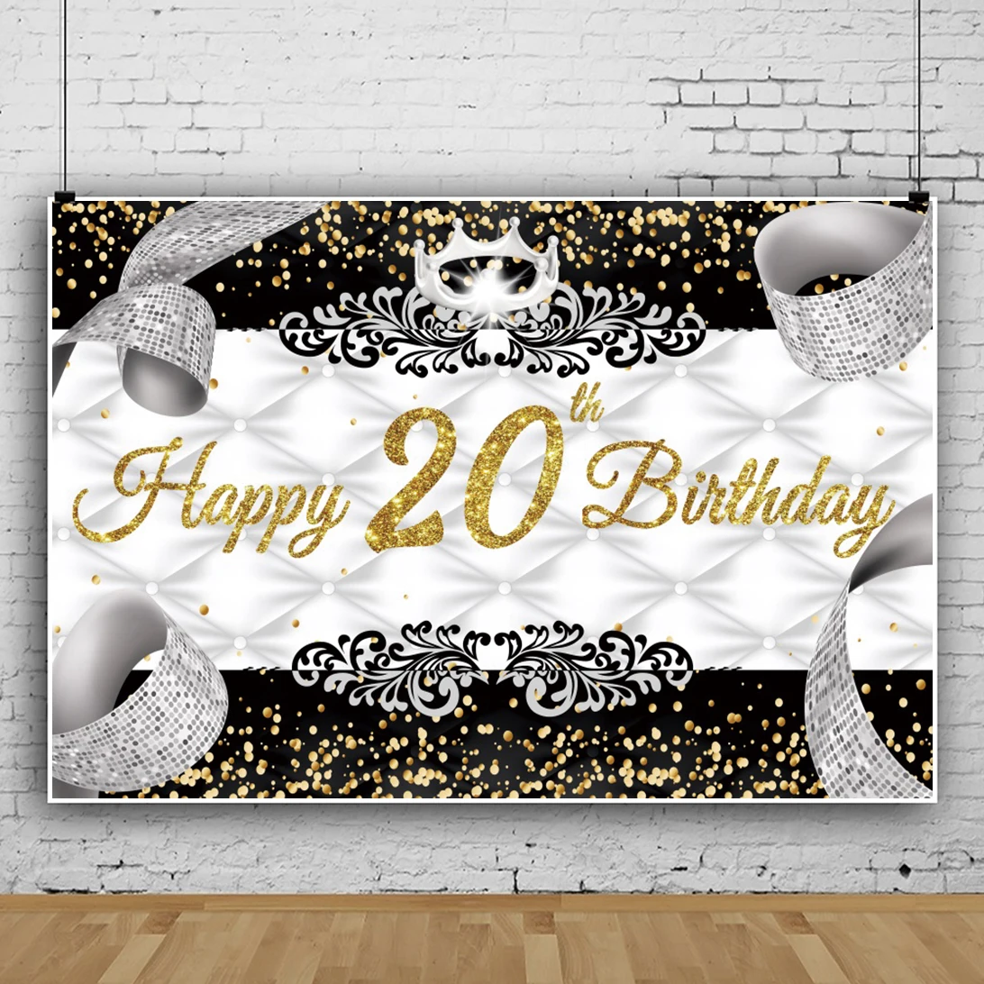 Laeacco Happy 20th Birthday Party White Headboard Background Gold Glitters Backdrop For Photography Portrait Customized Banner