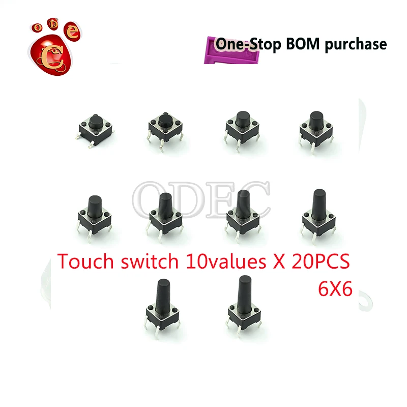 Kit de caja de interruptores de botón, 10 tipos, 200 cada uno, 20 interruptores de botón de 6x6