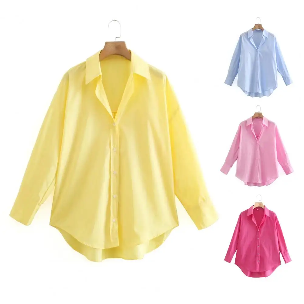 Camisas de manga larga para mujer, camisas de oficina de Color caramelo, camisas casuales de botonadura única, blusa suelta para mujer