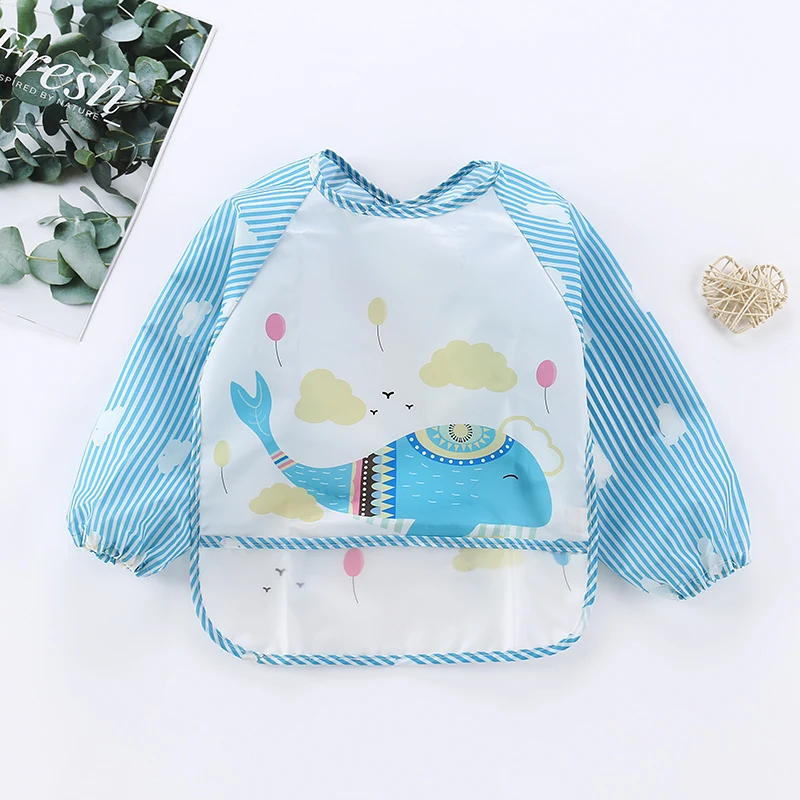 Infant Baby Cartoon Saliva Bib, Toddler Waterproof Long Sleeve Stripe Feeding Bib Clothes for Kids 1-3Years