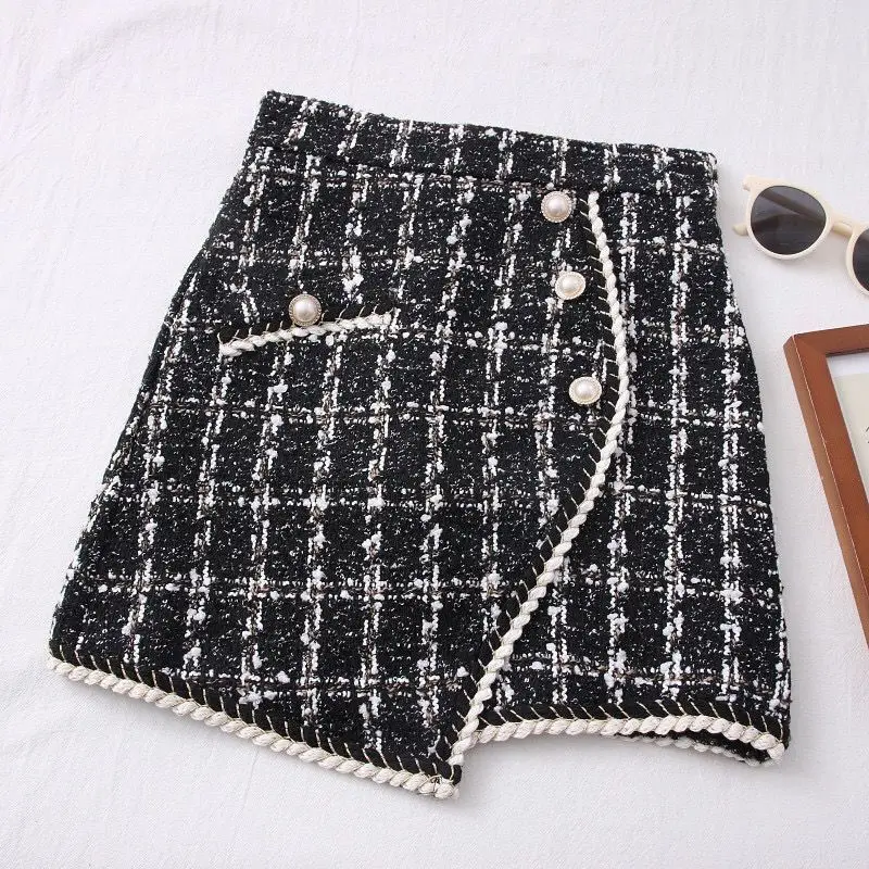 Tweed Skirts for Women Solid High Waist Slimming Skirts Autumn Spring 2021 Buttons Double Breasted Tweed Wool Mini Skirt