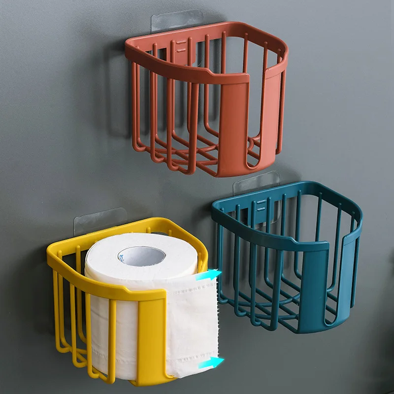 Self Adhesive Wall Mounted Roll Paper Box, Vintage Toilet Paper Holder, Strong Kitchen Basket, Bathroom Accessories