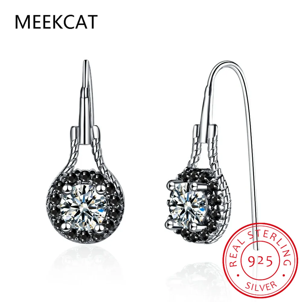 Genuine 925 Sterling Silver Earrings Fine Jewelry Flower Black Spinel Engagement Dangle Earrings Brincos de Prata for Women