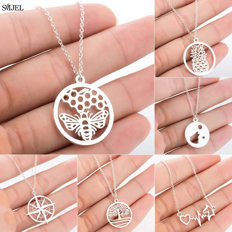 Stainless Steel Honeycomb Bee Necklace for Women Men Circle Hive Wolf Pineapple Compass Necklaces Ecg Horse Jewelry Daily Collie