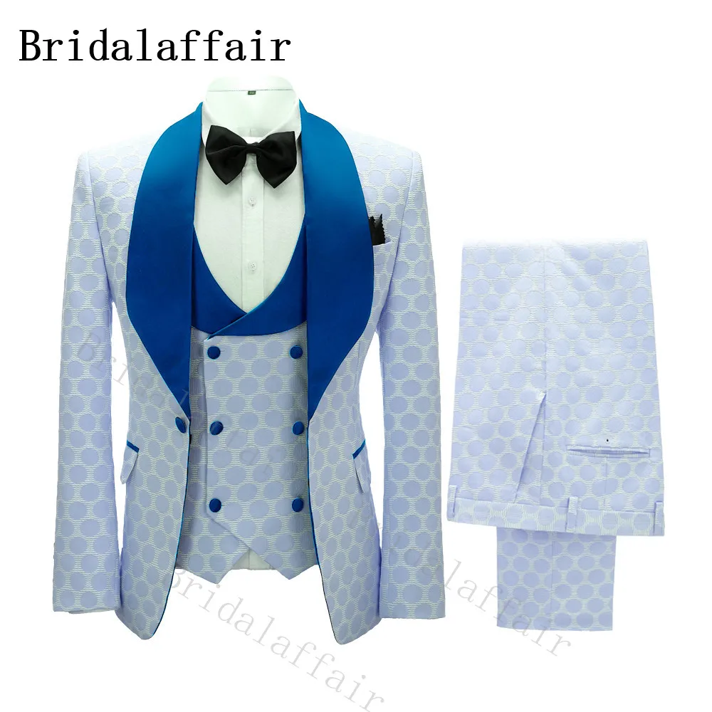 Bridalaffair Men Suit Blue Polka Dot Jacquzrd Wedding Tuxedo with Blue Lapel 3 piece Jacket Vest Pants Costume Homme Slim Fit